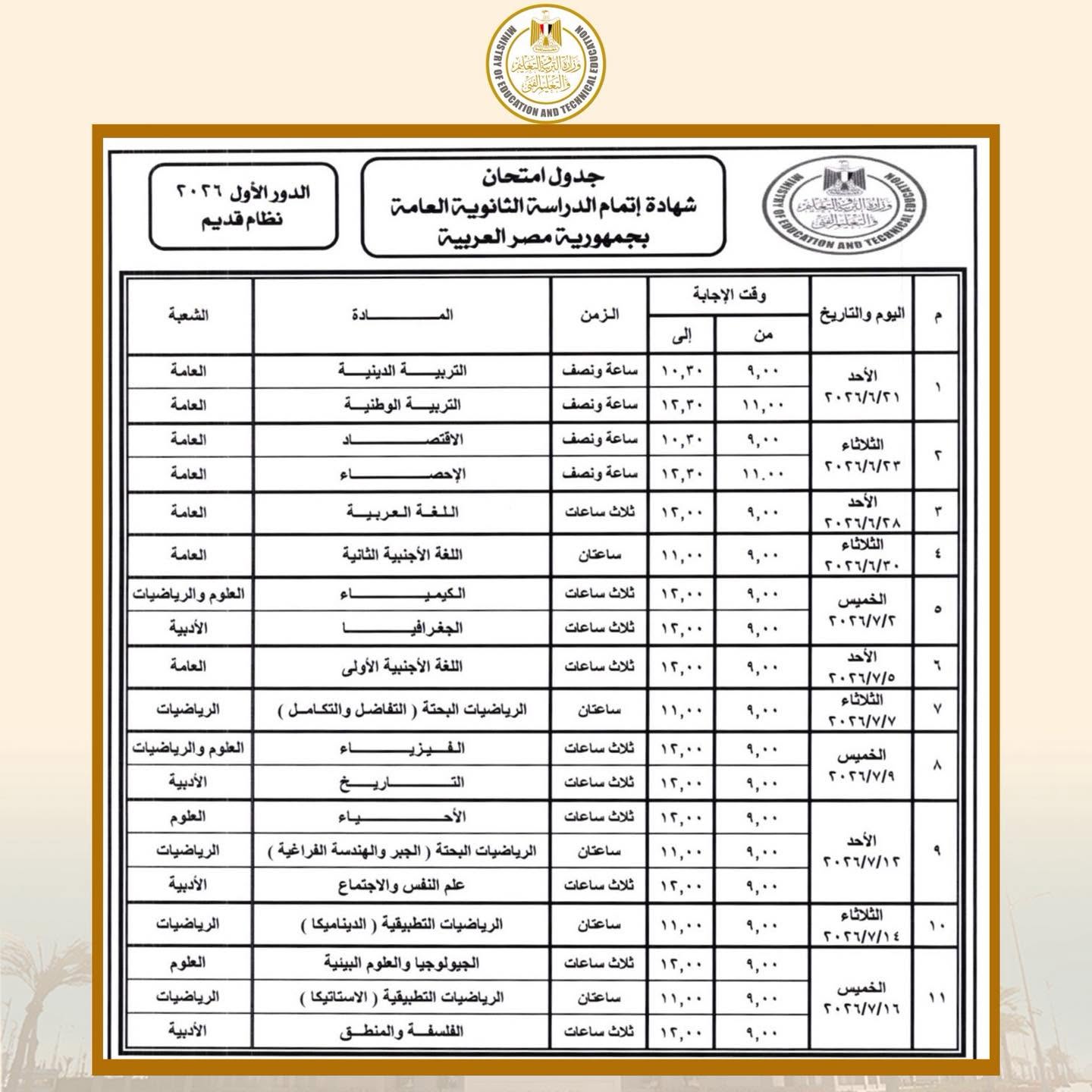 متى تنتهي امتحانات الثانوية العامة 2026 ..آخر يوم 